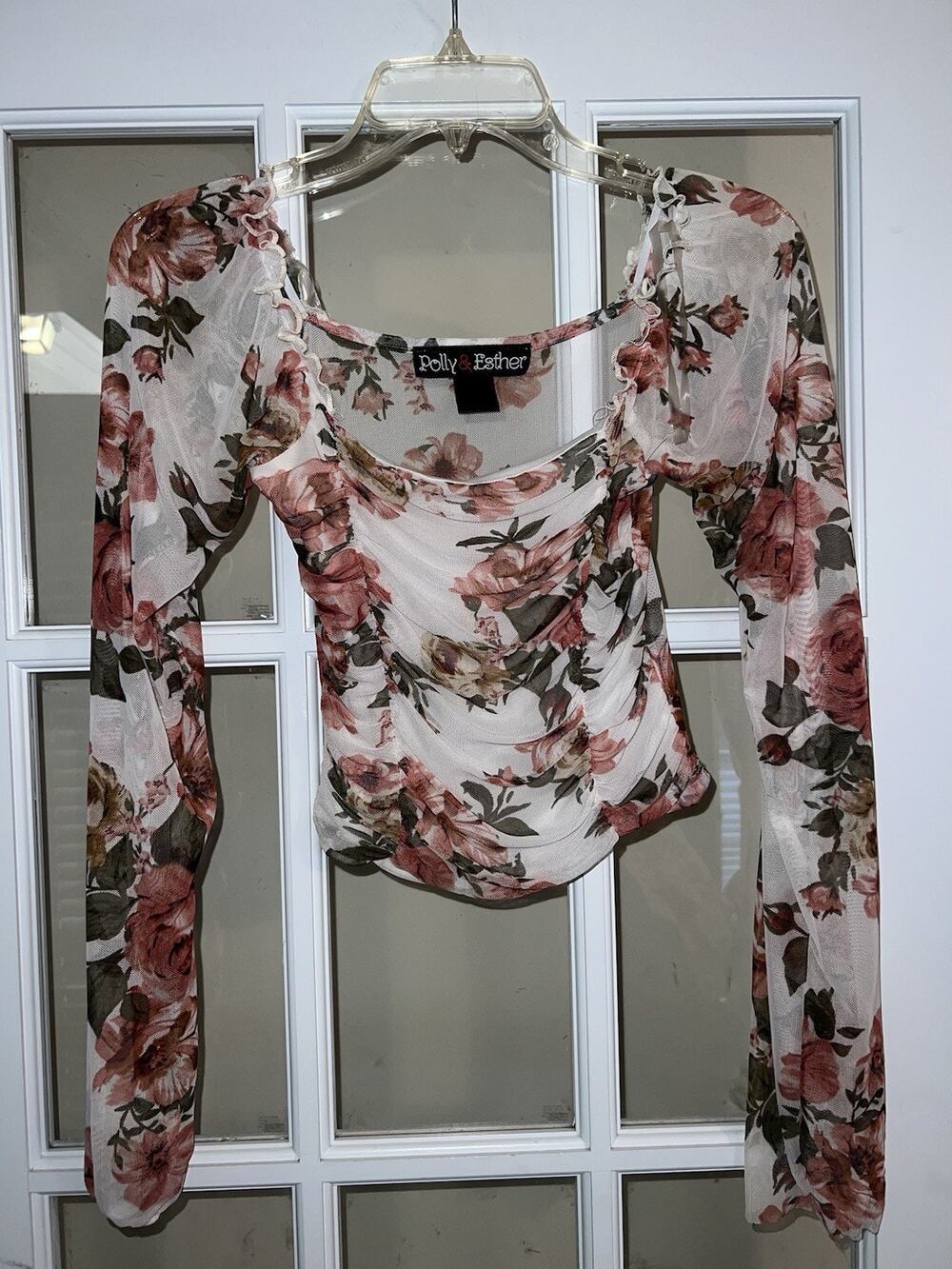 Polly & Esther White Floral Ruched Crop Top Blouse Sz Small Long Sleeve Y2K Boho